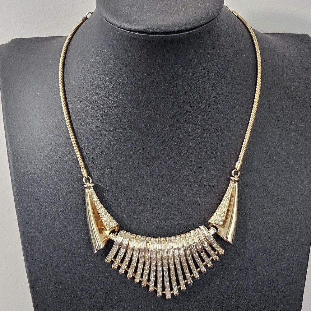 Vintage Corocraft Regency Waterfall Necklace Baguette Rhinestone Gold Tone READ
